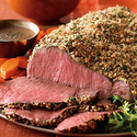 Crumb-Crusted Top Sirloin and Roasted Garlic Potatoes with Bourbon Sauce